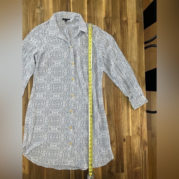 Lauren Gold 100% Silk White Button Down Shirt Dress Blue Geometric Print Size L - Picture 9 of 10